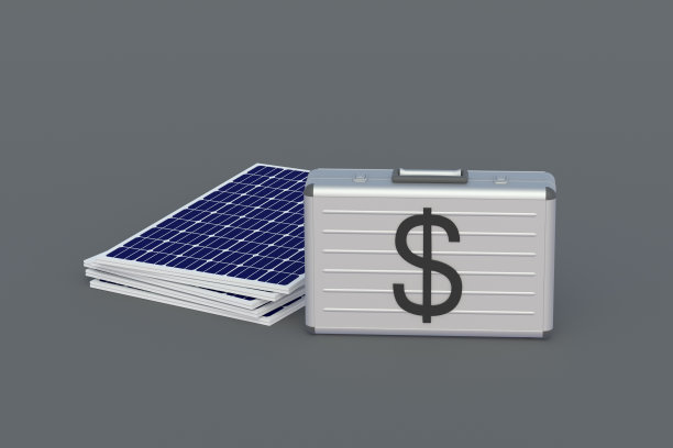 钱箱和太阳能电池板。绿色能源开发贷款。清洁电力的成本。电厂盈利能力。可再生能源的投资。三维渲染图片下载