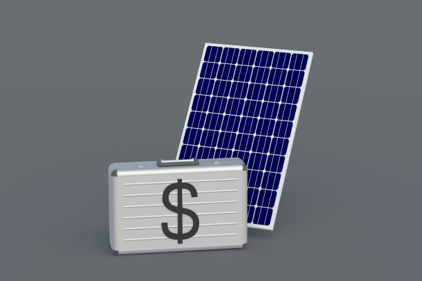 电厂盈利能力。绿色能源开发贷款。清洁电力的成本。可再生能源的投资。钱箱和太阳能电池板。三维渲染图片下载