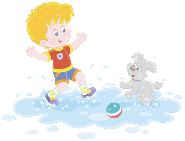 一个小男孩和一只小狗在水坑里玩耍图片下载