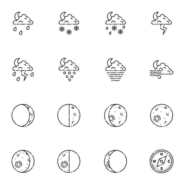 集合的天气预报线图标孤立，夜空和月亮的阶段图片下载