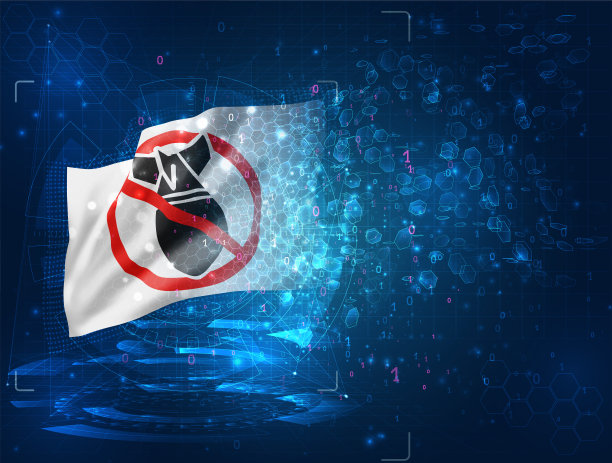 停止战争矢量旗帜，从三角形多边形的虚拟抽象三维对象在蓝色背景上图片下载