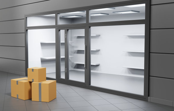 店面正面设有玻璃窗，大门和纸箱在入口，透视视野。精品商店正面或陈列室与空货架，陈列柜和灯。模型建筑外部，3d渲染图片下载