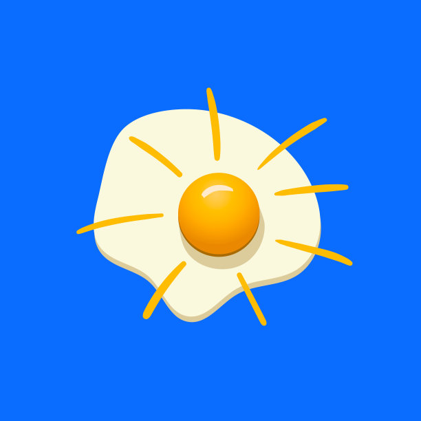 矢量卡通煎蛋，太阳光线，天蓝色背景。图片下载