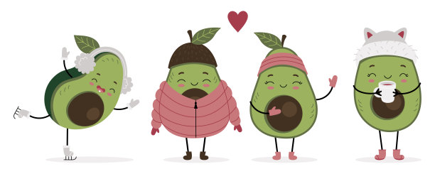 一套可爱的鳄梨角色在冬天的衣服。冬季活动。可印刷的衣服，海报，笔记本，明信片。卡通孤立的插图在白色的背景图片下载