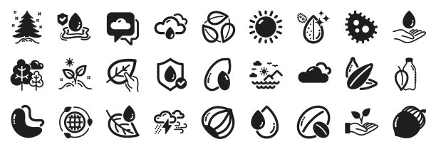 自然图标集，如天气预报、水瓶、树叶。矢量图图片下载