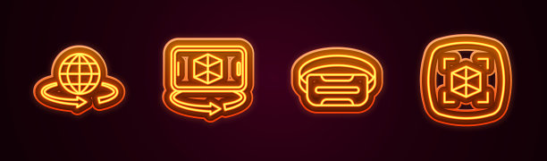 集线条三维建模，虚拟现实眼镜和。发光的霓虹灯图标。向量图片下载