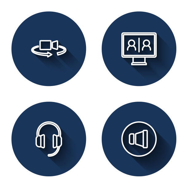 设置线路360度视图，视频聊天会议，耳机和扬声器音量与长阴影。蓝色圆按钮。向量图片下载