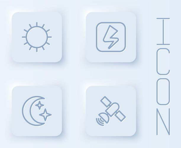 日落线，闪电，月亮，星星和卫星。白色正方形按钮。向量图片下载