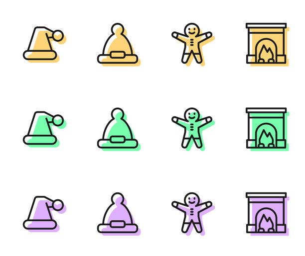设置线假日姜饼人饼干，圣诞老人的帽子，室内壁炉图标。向量图片下载