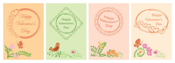 为情人节粉彩的装饰明信片-向量花装饰模板与花，鸟，心和框架图片下载