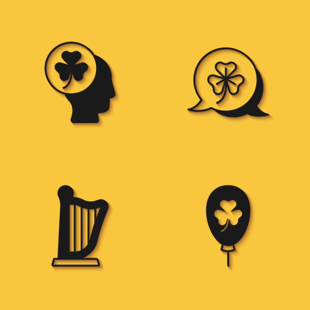 设置头三叶草三叶，气球，竖琴和三叶草图标与长阴影。向量图片下载