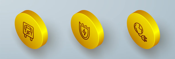 设置等距线电气面板，闪电和屏蔽和全球能源行星与插头图标。向量图片下载