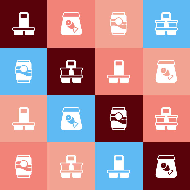 设置波普艺术咖啡杯去，网上订购鱼，苏打水罐和图标。向量图片下载