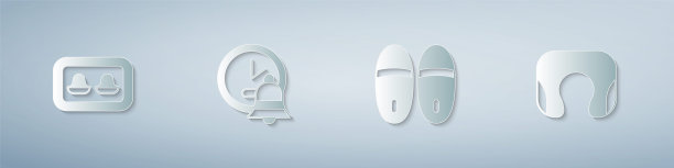 耳塞与储物盒，闹钟，拖鞋和旅行颈枕。纸艺术风格。向量图片下载