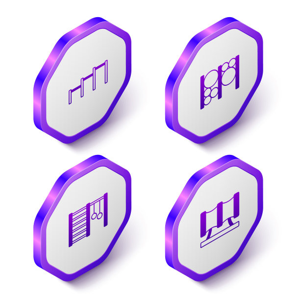 设置等距运动单杠，游乐场攀岩设备，瑞典墙和儿童游乐场滑梯管道图标。紫色的六角按钮。向量图片下载