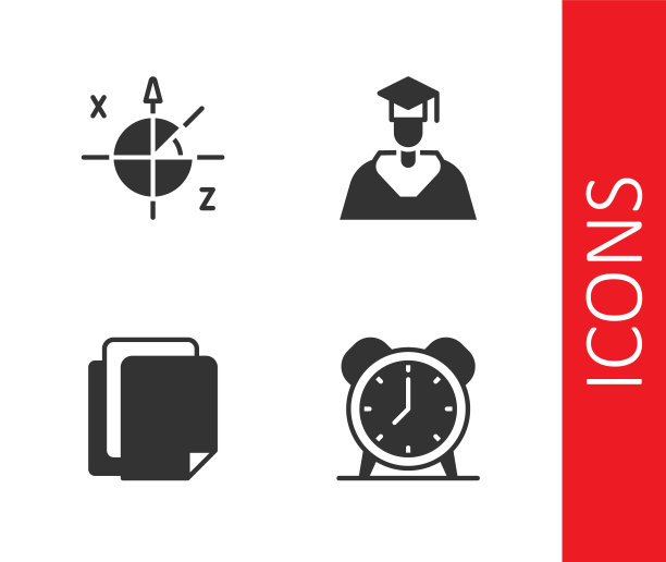 设置闹钟，三角圈，文件文件和毕业和毕业帽图标。向量图片下载