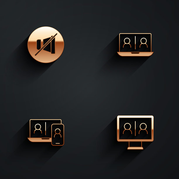 设置静音麦克风、视频会议、长阴影图标。向量图片下载