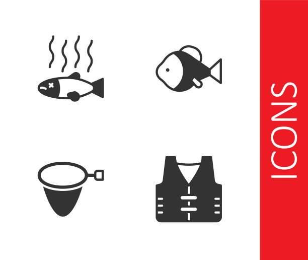 设置钓鱼夹克，死鱼，网和图标。向量图片下载