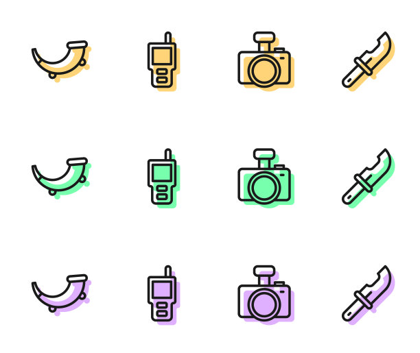 设置线照片相机，狩猎角，对讲机和猎人刀图标。向量图片下载