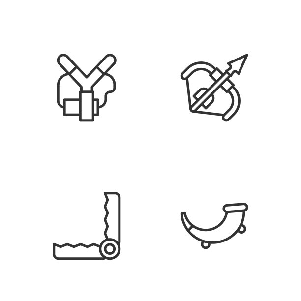 设置线狩猎号角，陷阱狩猎，弹弓和中世纪弓和箭的图标。向量图片下载