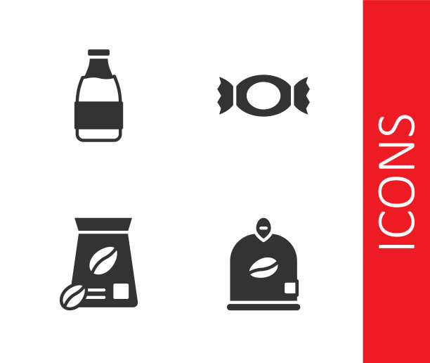 设置袋咖啡豆，奶瓶，和糖果图标。向量图片下载