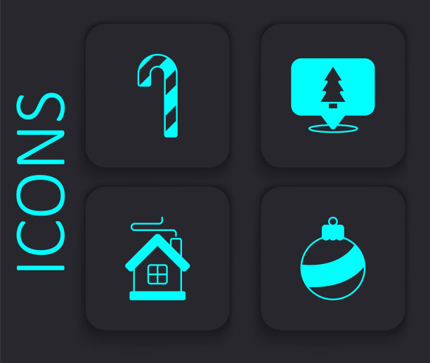 圣诞球、带条纹的拐杖糖、圣诞树和欢乐小屋图标。黑色方形按钮。矢量图图片下载