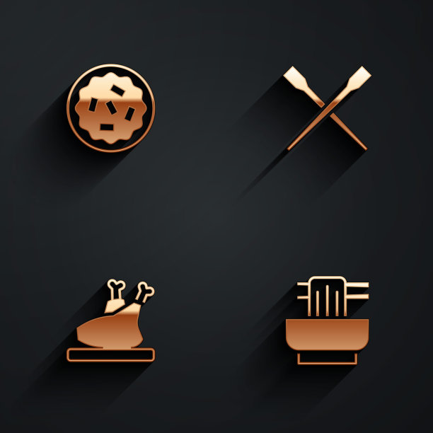 将自制馅饼、食物筷子、烤火鸡或鸡肉和亚洲面条放在碗形图标上，并有长长的影子。向量图片下载