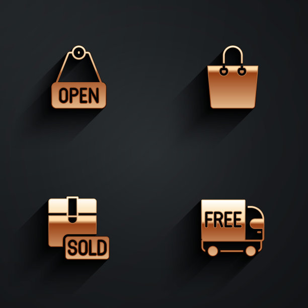 设置悬挂标志与文字打开，纸购物袋，出售和免费送货服务图标与长阴影。向量图片下载