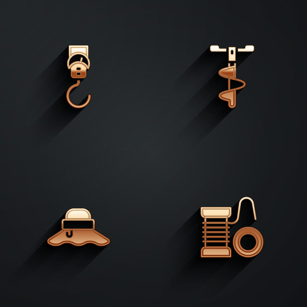 设置了弹簧秤，手冰钻，渔人帽和纺纱轮的钓鱼图标与长阴影。向量图片下载