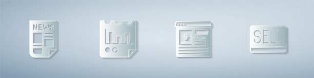 设置新闻，文档与图表，简历和出售按钮。纸艺术风格。向量图片下载