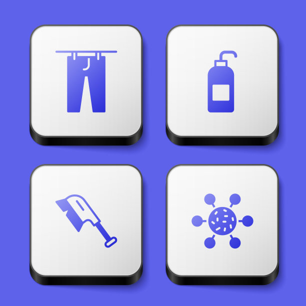 设置烘干衣服，抗菌肥皂，清洁刷和细菌图标。白色正方形按钮。向量图片下载