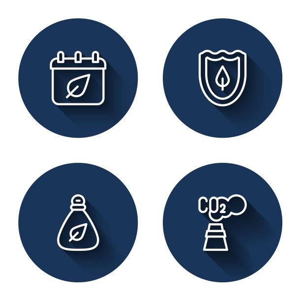 设置带有秋叶、盾叶、垃圾袋和二氧化碳排放的线条日历，形成长长的阴影。蓝色圆按钮。向量图片下载