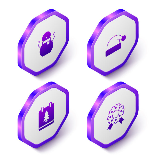 设置等距圣诞雪人，圣诞老人帽子，日子日历和花环图标。紫色的六角按钮。向量图片下载