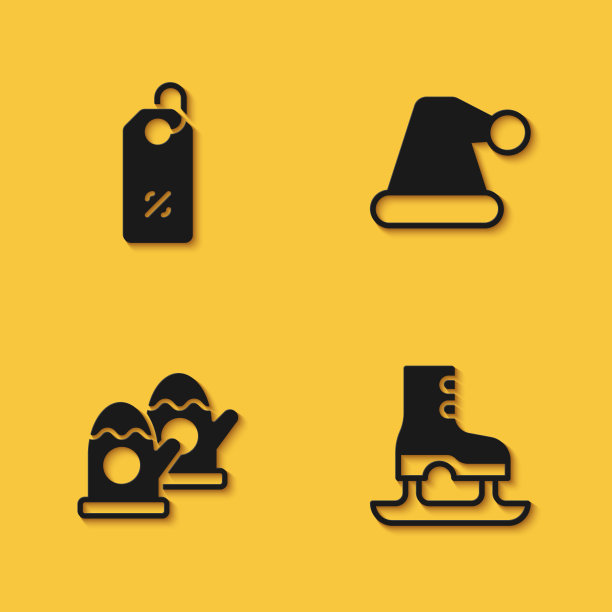 设置折扣标签，溜冰鞋，圣诞手套和圣诞老人帽子图标与长阴影。向量图片下载