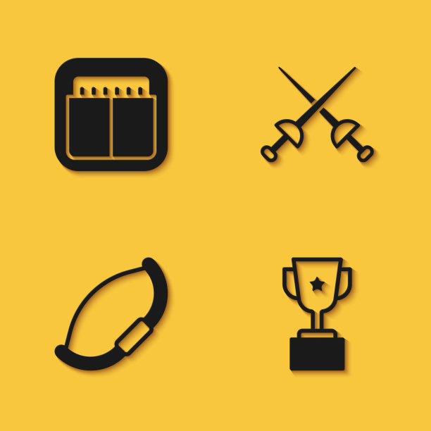 设置运动机械记分牌，奖励杯，中世纪弓和击剑图标与长阴影。向量图片下载