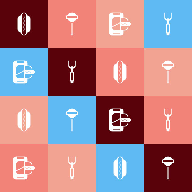 设置流行艺术热狗，棒棒糖，食品订购移动和叉子图标。向量图片下载