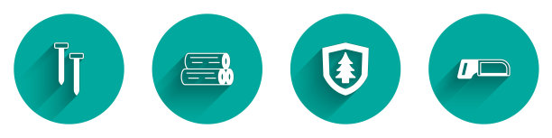 设置金属钉，木质原木，带树的盾牌和长阴影的钢锯图标。向量图片下载