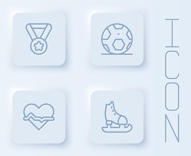设置线奖牌，足球足球，心率和溜冰鞋。白色正方形按钮。向量图片下载
