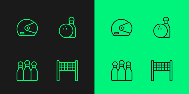 设置线排球网，保龄球瓶，赛车头盔和图标。向量图片下载