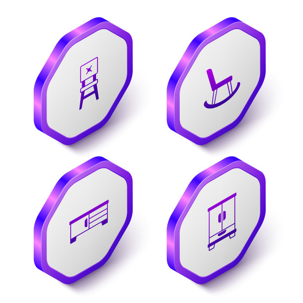 设置等距椅子，扶手椅，电视桌子和衣柜图标。紫色的六角按钮。向量图片下载