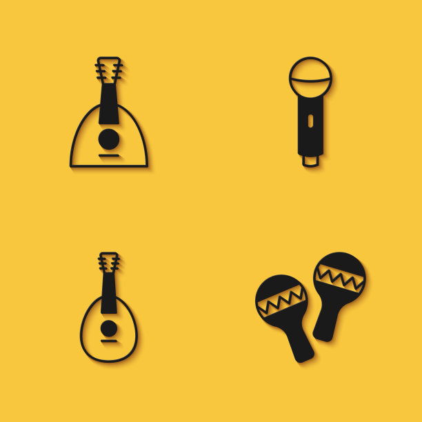 设置巴拉莱卡，沙球，曼陀林和麦克风图标与长阴影。向量图片下载