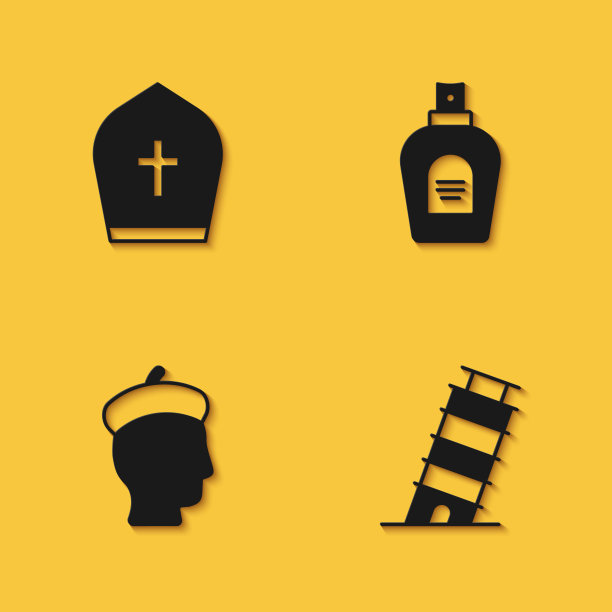 设置教皇帽，比萨斜塔，法国男人和香水图标与长影子。向量图片下载