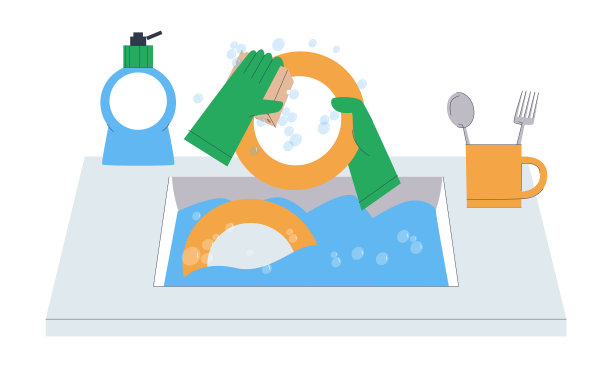 沉水。戴着手套的手洗盘子。洗碗液。厨房的清洁。图片下载