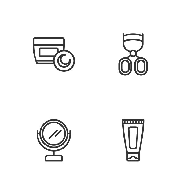 设置线霜或乳液化妆品管，圆形化妆镜，睫毛卷曲图标。向量图片下载