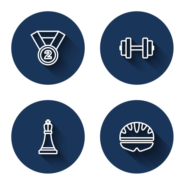 设置奖牌，哑铃，象棋和自行车头盔的长阴影线。蓝色圆按钮。向量图片下载