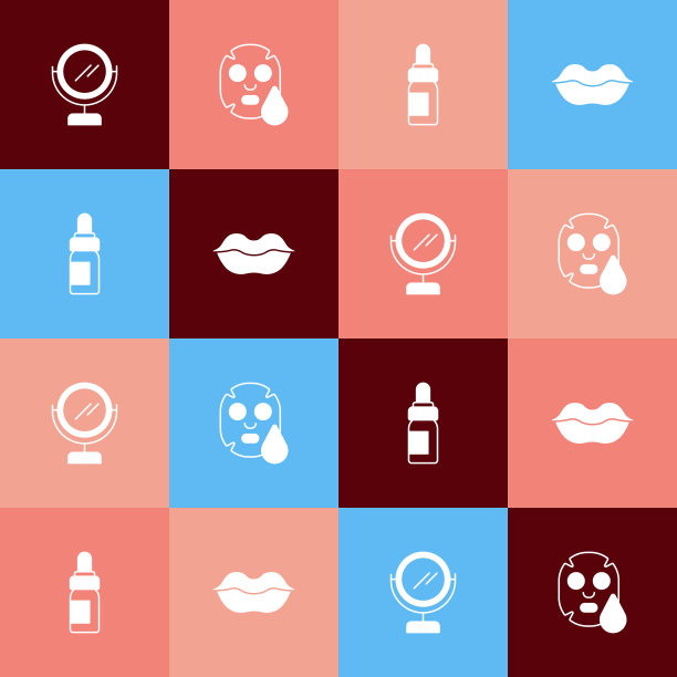 设置流行艺术圆形化妆镜、面膜、精油瓶、微笑嘴唇图标。向量图片下载