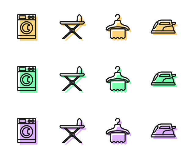 设置线衣架衣柜，洗衣机，电熨斗，熨衣板和图标。向量图片下载