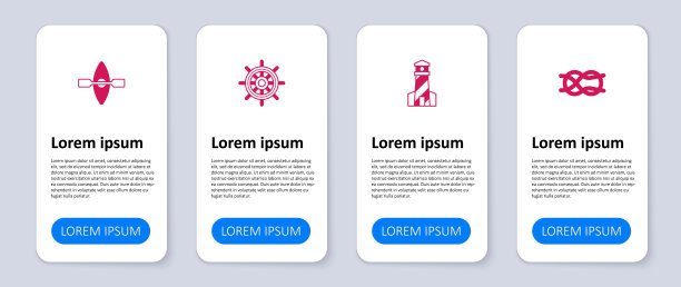 设置航海绳结，灯塔，船舶方向盘和皮艇和桨。业务信息模板。向量图片下载