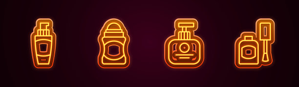 设置线管护手霜，除臭剂卷，和瓶子指甲油。发光的霓虹灯图标。向量图片下载