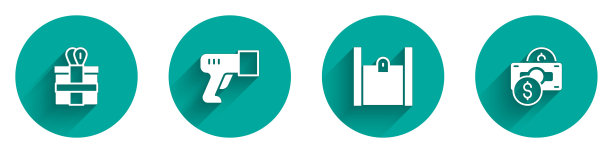 套装礼盒，扫描仪扫描条形码，纸购物袋和叠纸钱现金图标与长阴影。向量图片下载